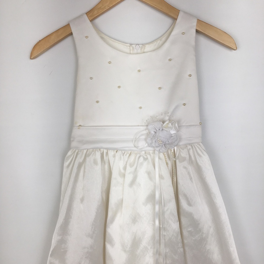 First Communion Dress White Sheer Satin Overlay Tank Pearl Flower Appliqué Sz 10 - Picture 3 of 16